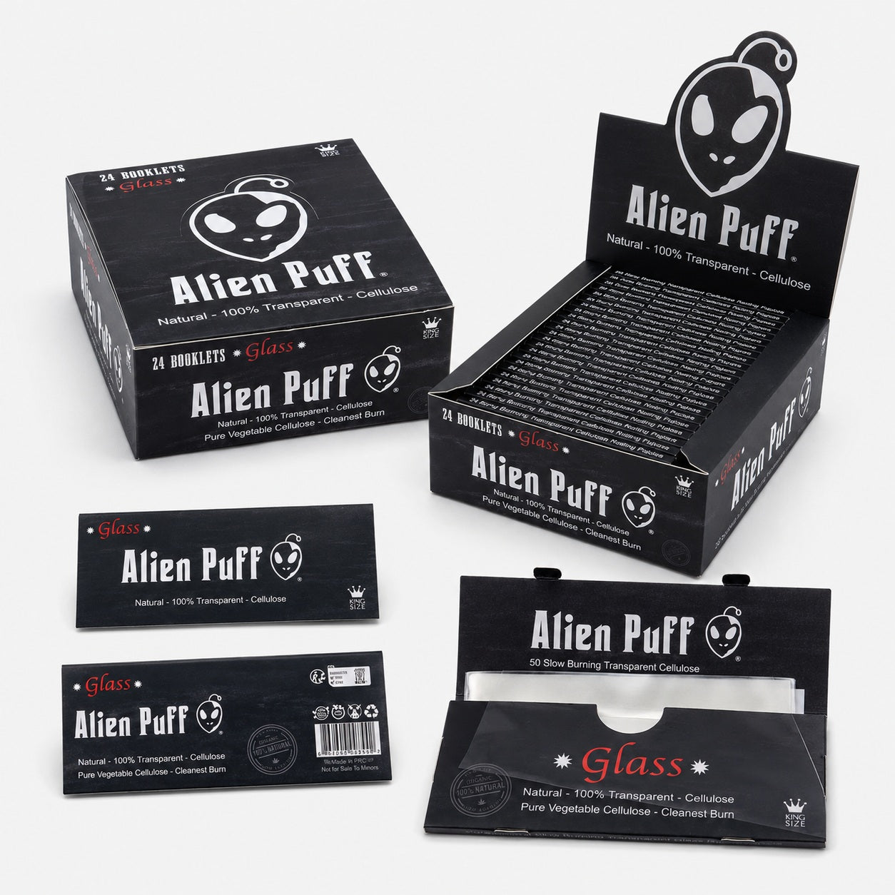 Alien Puff Glass King Size Transparent Cellulose Rolling Papers – 50 Leaves | Box of 24