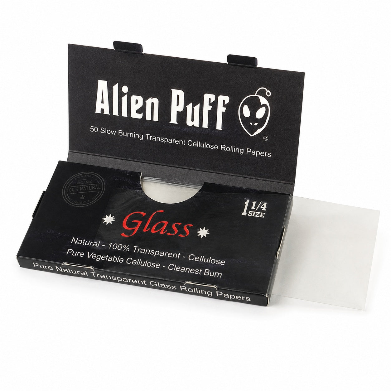 Alien Puff Glass 1¼ Transparent Rolling Papers – 50 Leaves | 24-Booklet Box