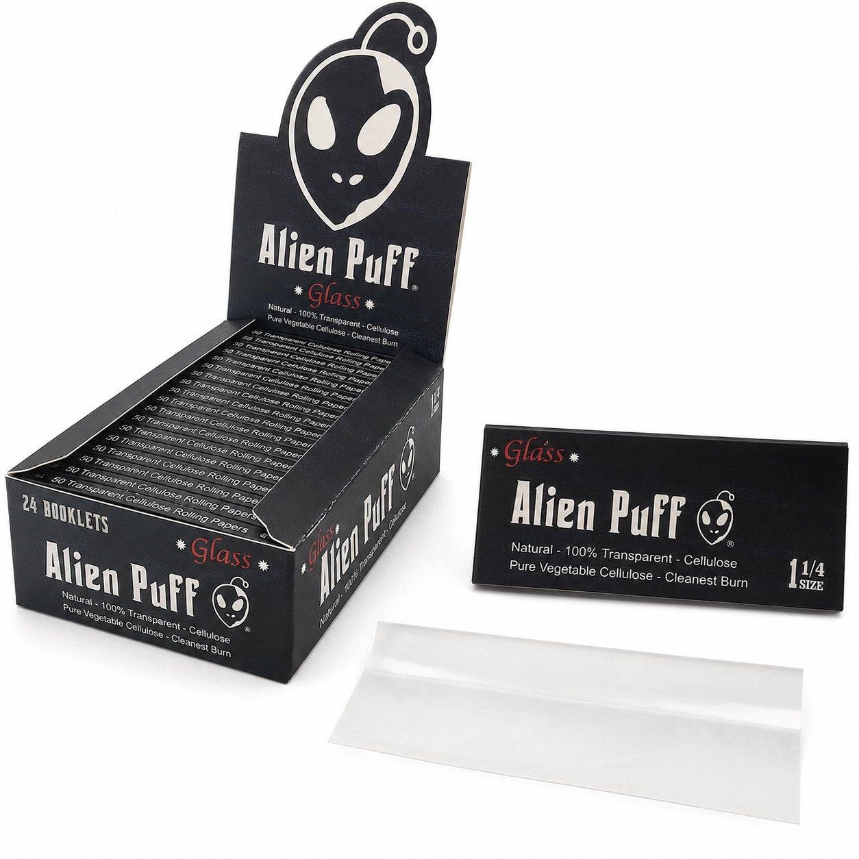 Alien Puff Glass 1¼ Transparent Rolling Papers – 50 Leaves | 24-Booklet Box