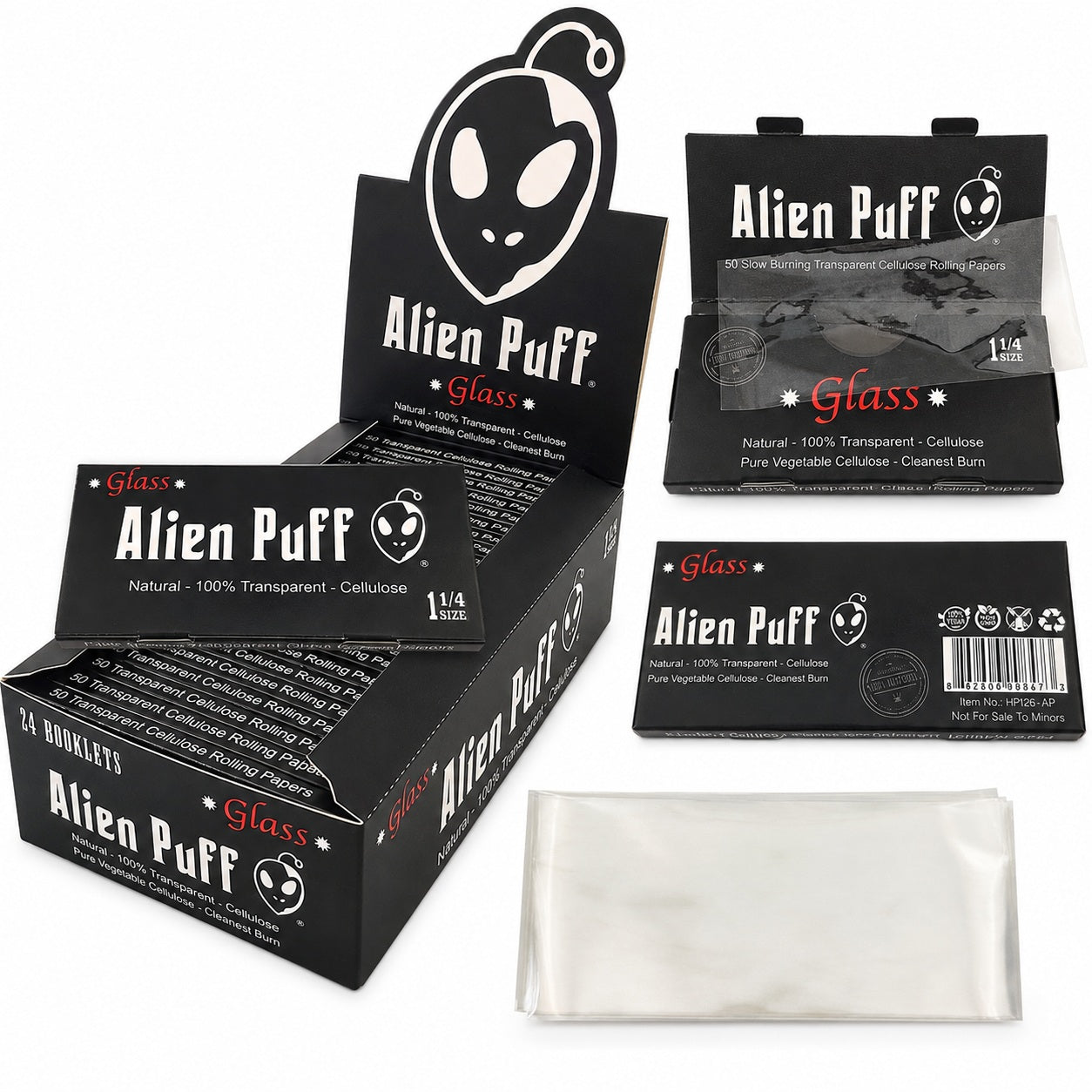 Alien Puff Glass 1¼ Transparent Rolling Papers – 50 Leaves | 24-Booklet Box