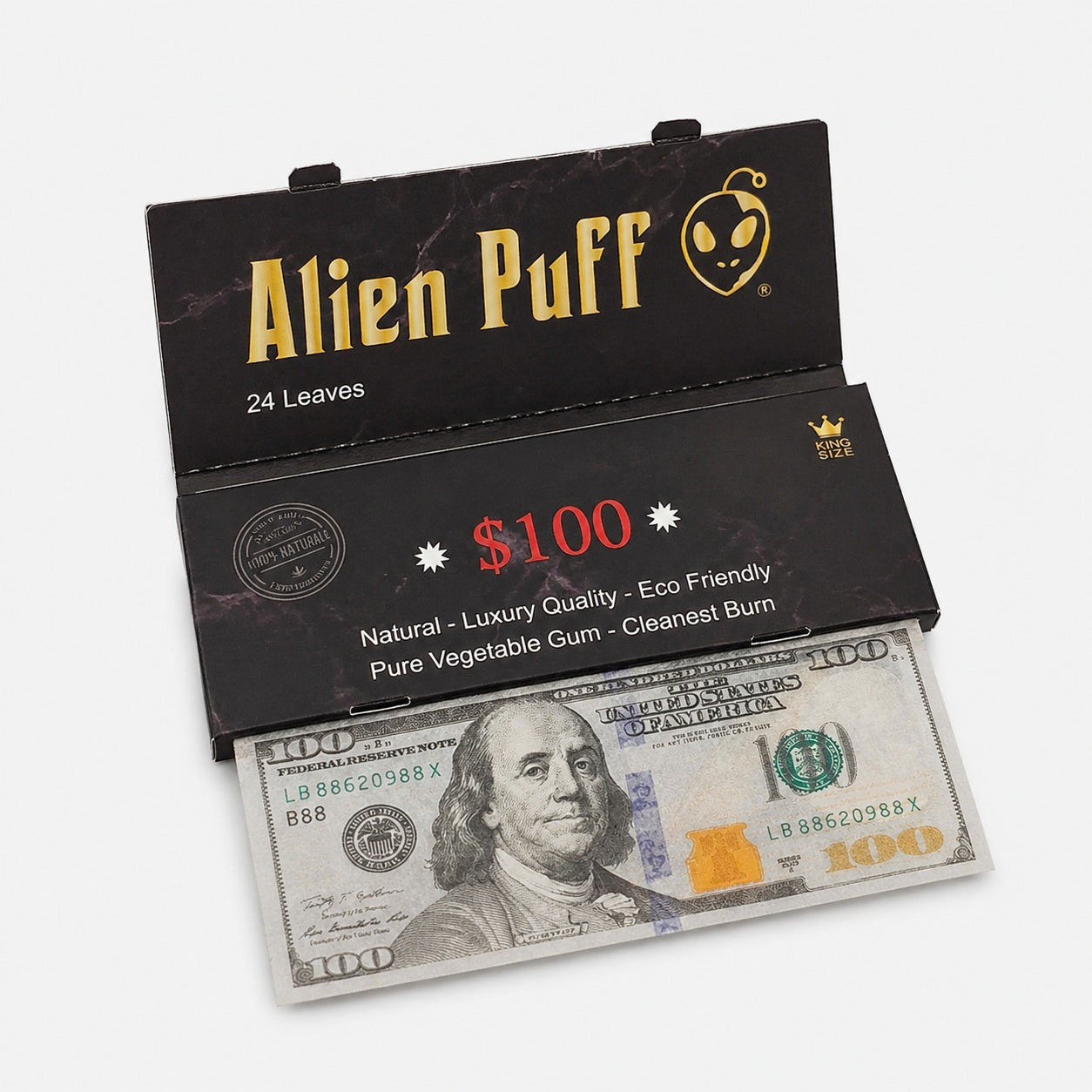Alien Puff $100 Note King Size Rolling Papers – 24 Leaves | Box of 12
