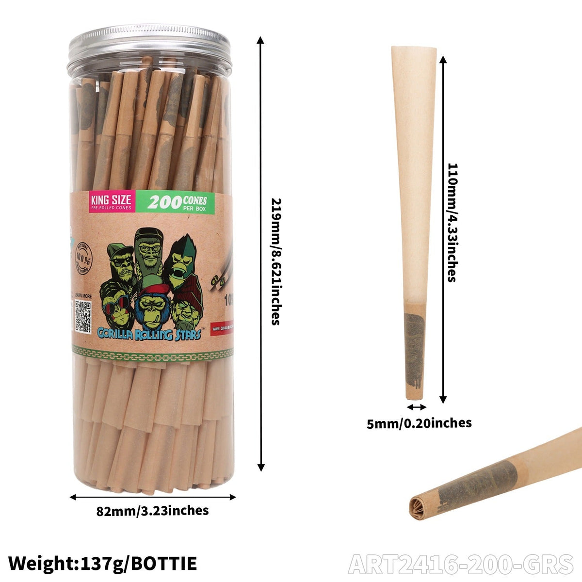 Gorilla Rolling Stars Brown Pre-Rolled Cones - 200 Cones Jar - Rolling Paper