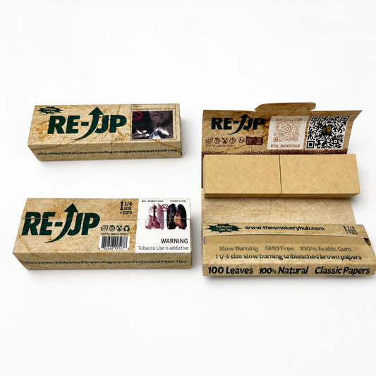 RE-UP 1 1/4 Size Brown Rolling Papers - 100 Leaves + Filter Tips – 24 Booklets Box