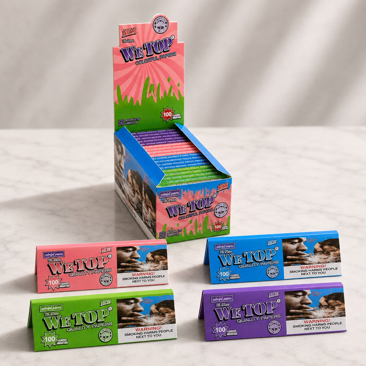 Wetop 1 1/4 Size Mixed Colored (Blue, Green, Purple & Pink) Rolling Paper